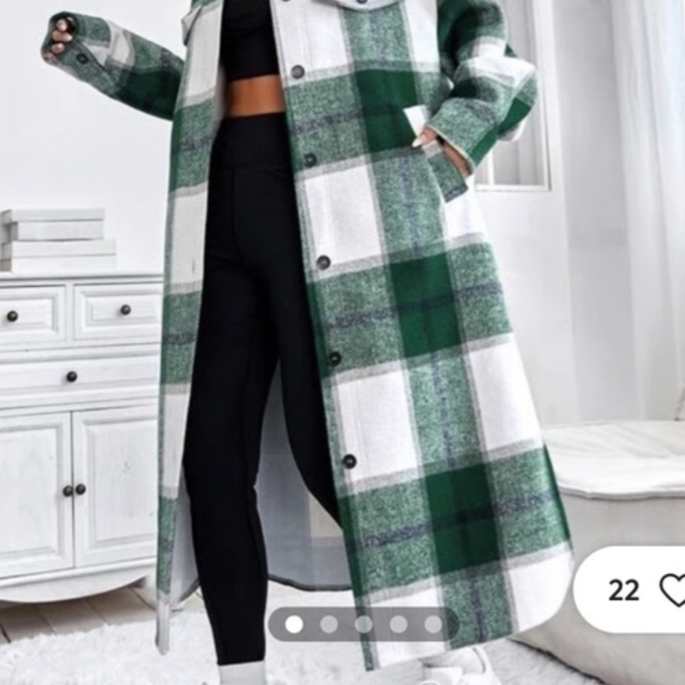 Missguided Green and White Plaid Long Shacket Coat